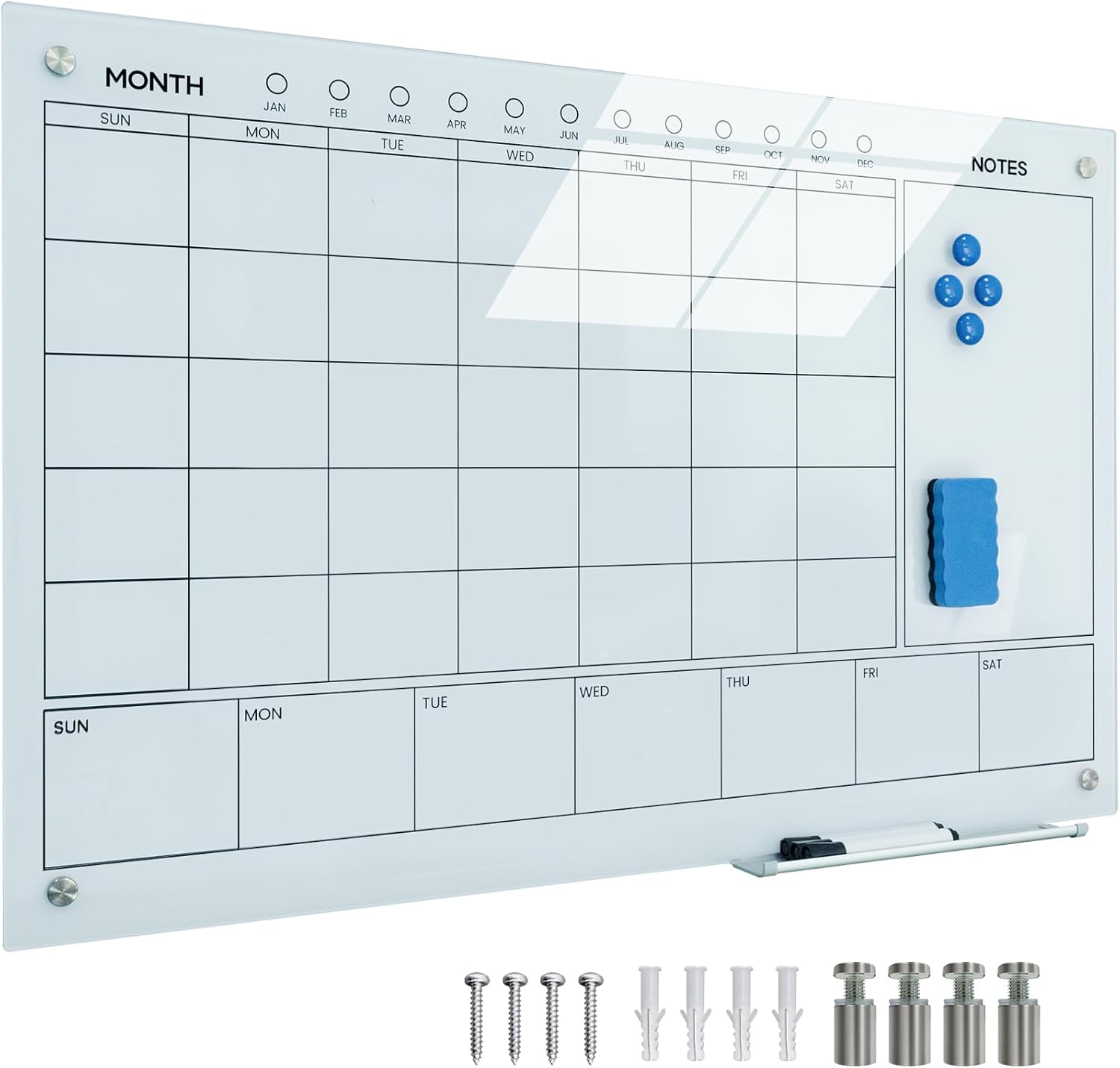 Magnetic Glass Whiteboard 36X24 Monthly Planner Calendar Dry Erase Board for Home, School, Office, Frameless, with Markers, Marker Tray, Eraser, Magnets (White) - Lumora Desk