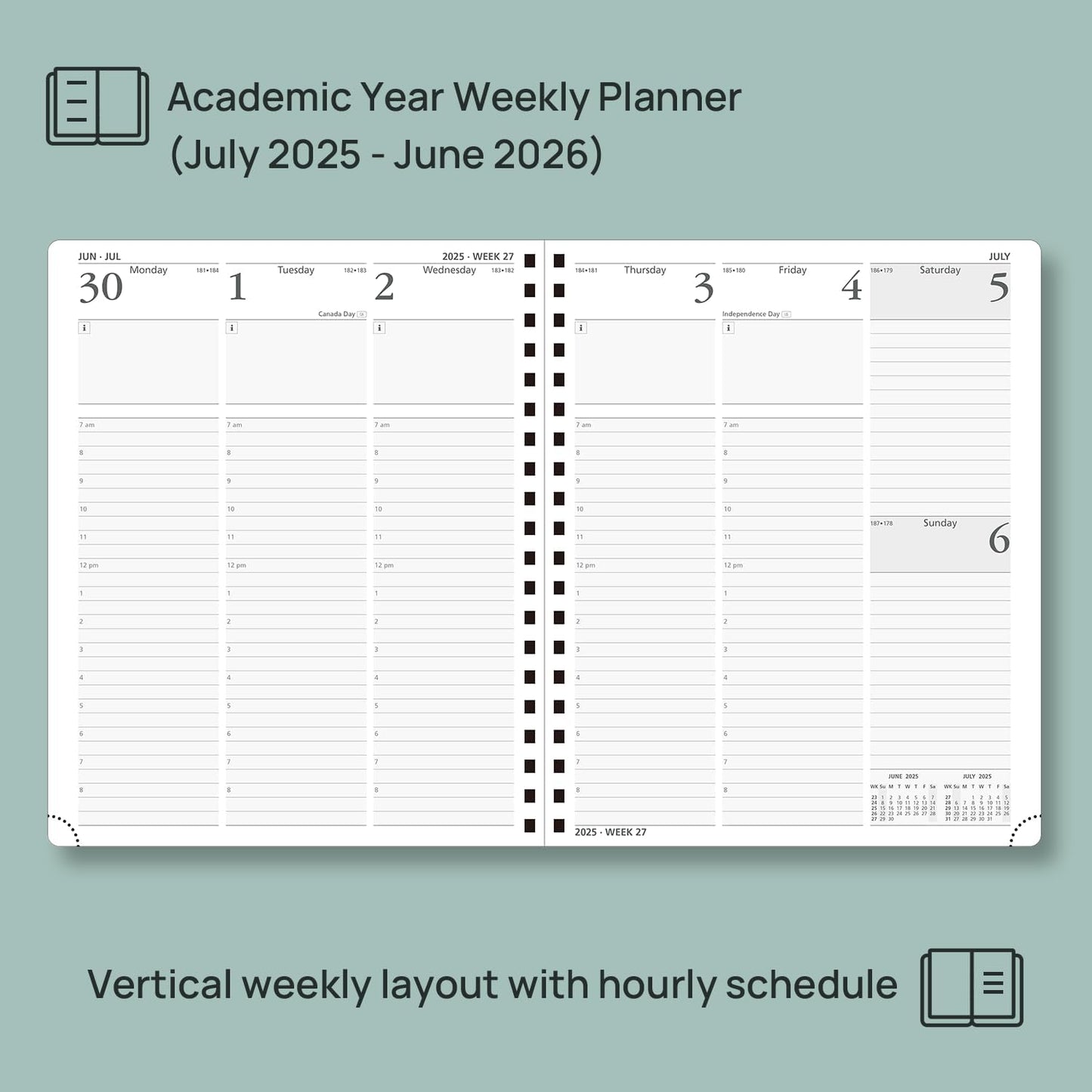POPRUN Planner 2025-2026 (Large - 8.5'' x 10.5'') Academic Weekly Calendar (July 2025 - June 2026) with Hourly Time Slots, Monthly Tabs, 100GSM Thick Papers, Spiral Leather Cover - Black