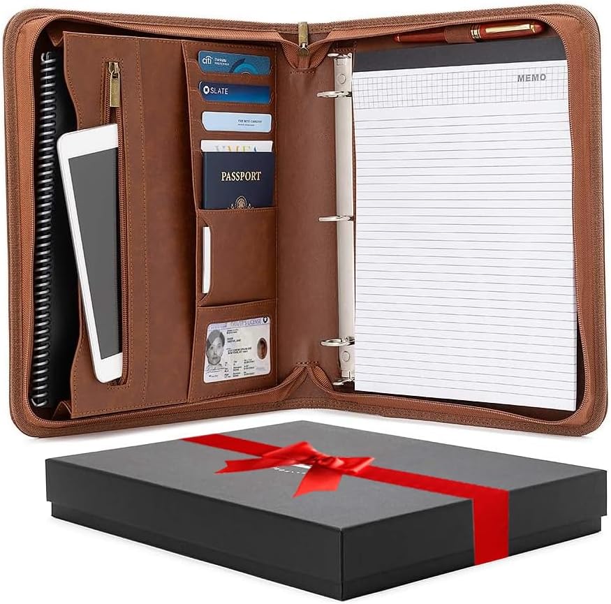 Padfolio Binder - Professional Faux Leather Travel Organizer Pouch for Tablet, Documents, Presentation Folders, Zipper Closure, Removable 3-Ring Notepad - Brown