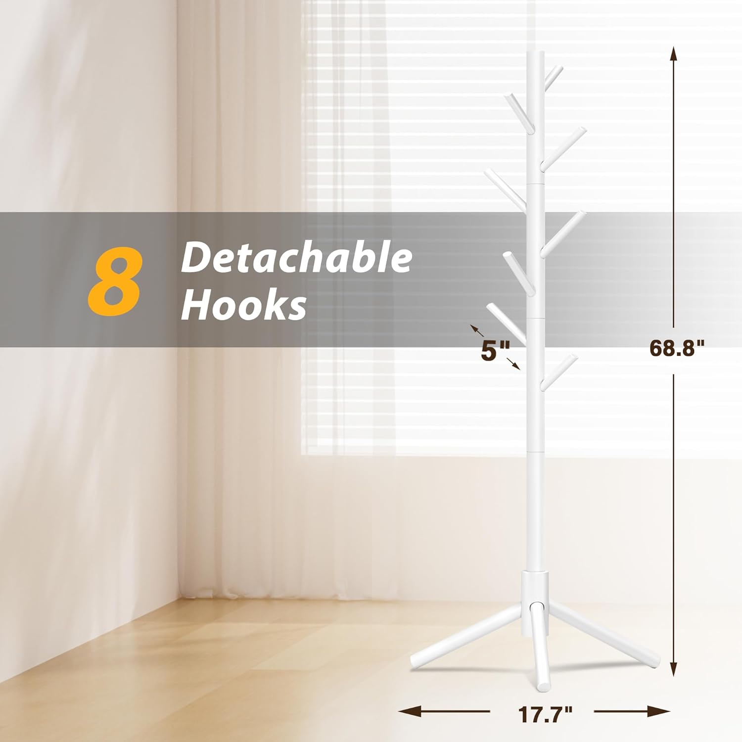 Wooden Coat Rack, Free Standing Coat Rack with 8 Hooks 3 Adjustable Heights for Clothes, Hats, Handbags, Coat Tree Easy Assembly for Entryway, Bedroom, Hallway, Office (New White) - Lumora Desk