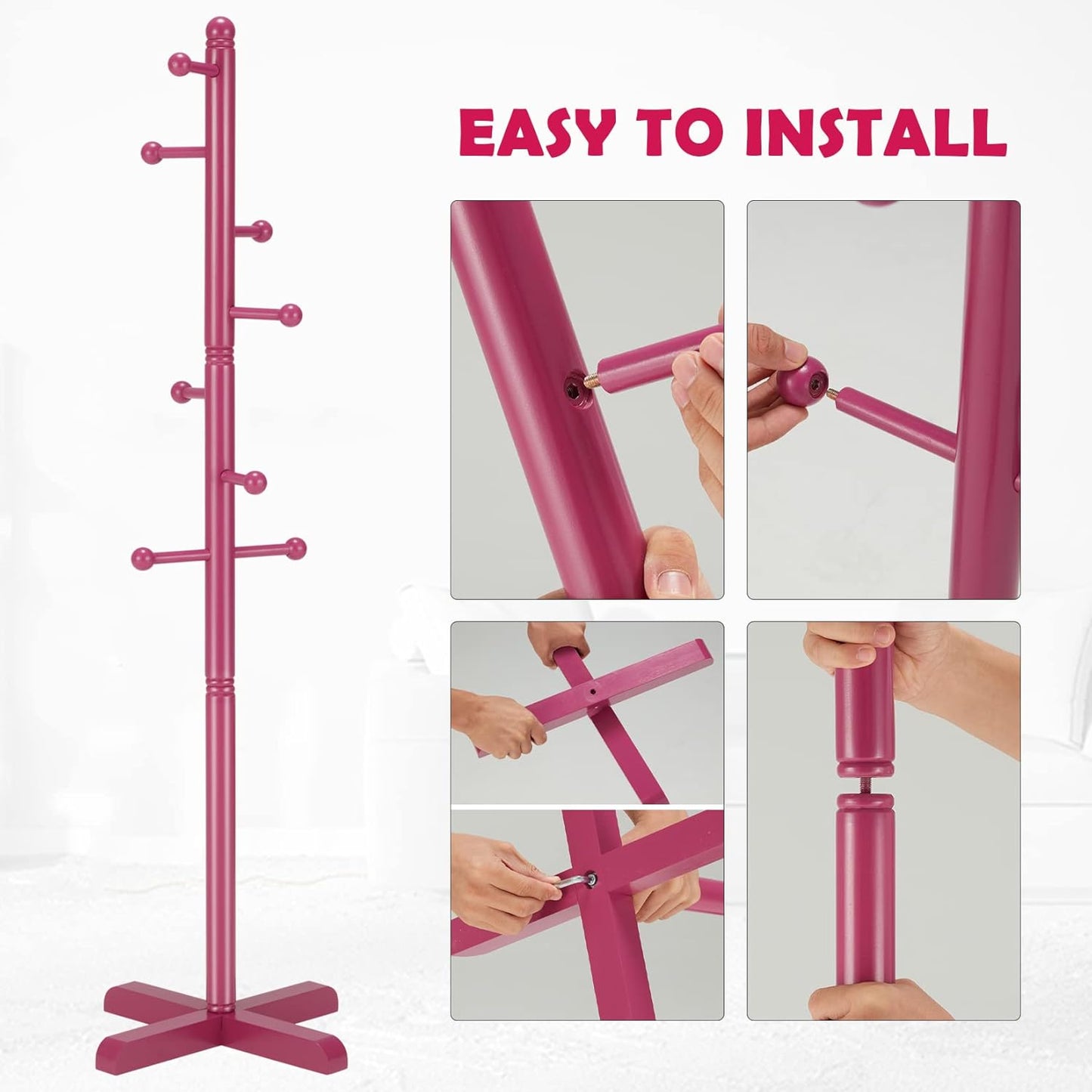 Kids Coat Rack, Freestanding Coat Racks with 8 Hooks 2 Adjustable Height, Tree Coat Rack for Bedroom, Hallway, Entrance, Office, Hats, Handbags,Purse (Dark-Rose) - Lumora Desk