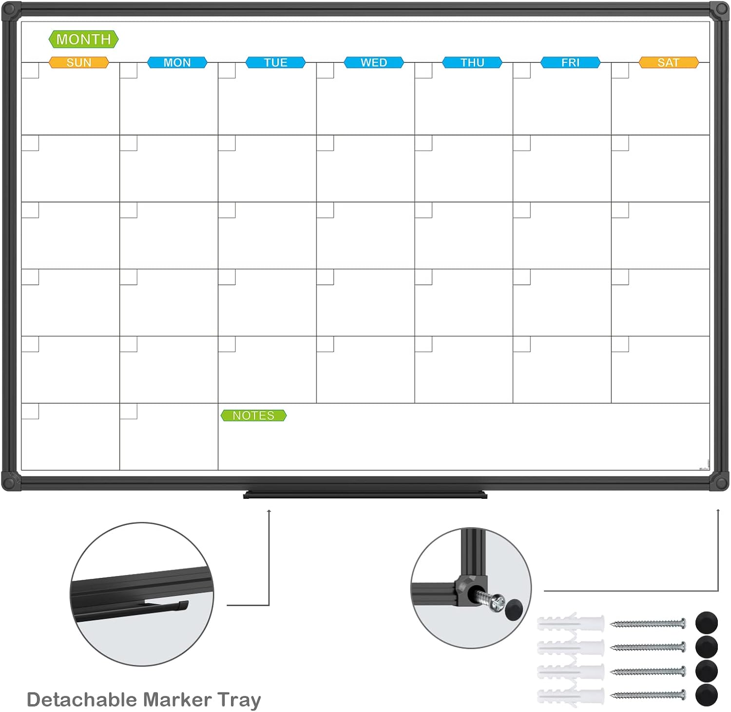 JILoffice Dry Erase Calendar Whiteboard - Magnetic White Board Calendar Monthly 36 X 24 Inch, Black Aluminum Frame Wall Mounted Board for Office Home and School - Lumora Desk