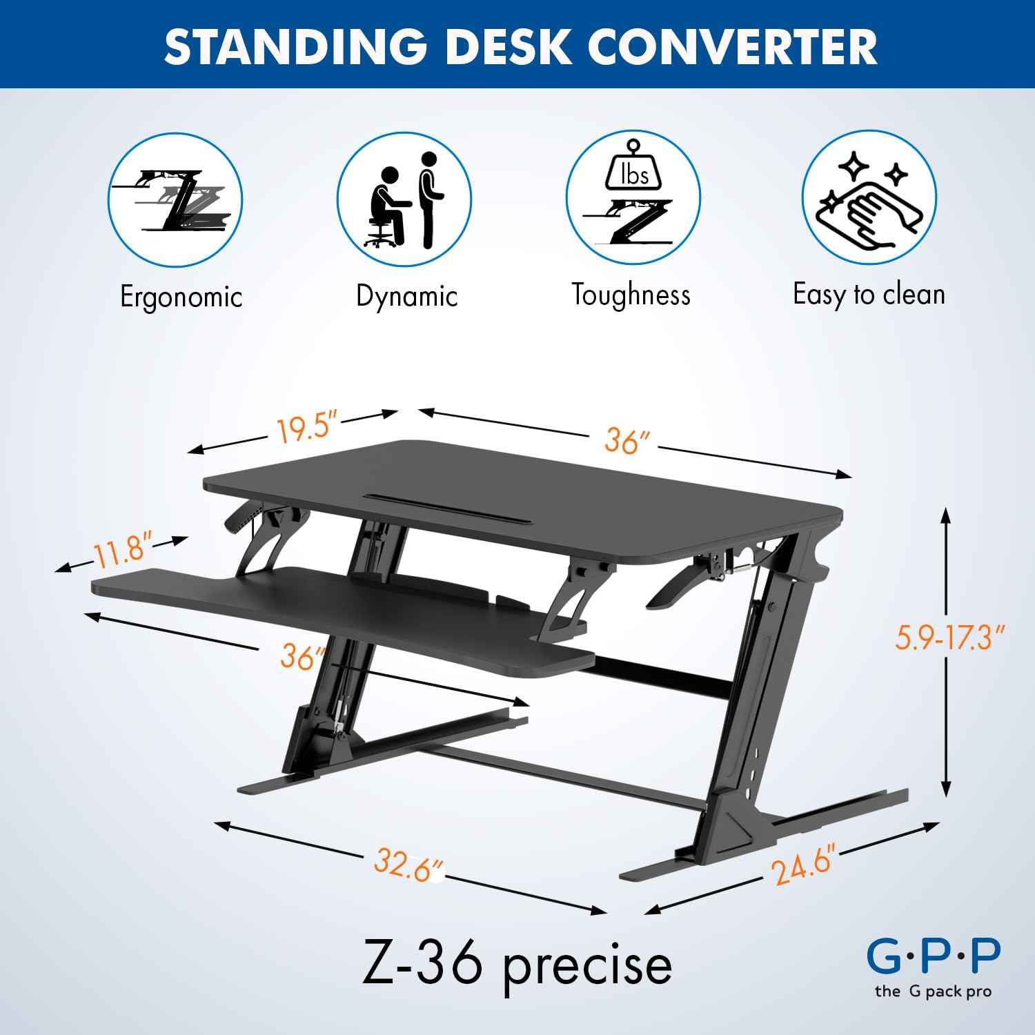36″ Wide Standing Desk Converter – Sit-to-Stand Workstation for Dual Monitors, Height Adjustable Up to 17.3″ with Large Keyboard Tray – Black