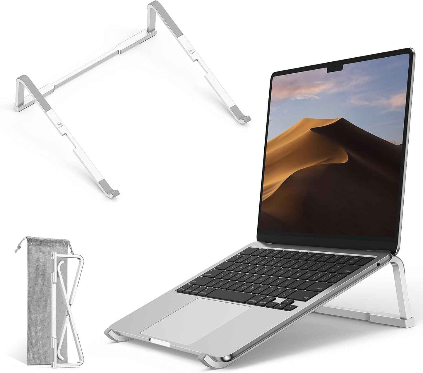 OMOTON Portable Laptop Stand for Desk, Foldable Aluminum Laptop Riser, Ergonomic Computer Stand Compatible with for MacBook Pro/Air, Dell, HP, Lenovo, 10-17.3'' (Silver)