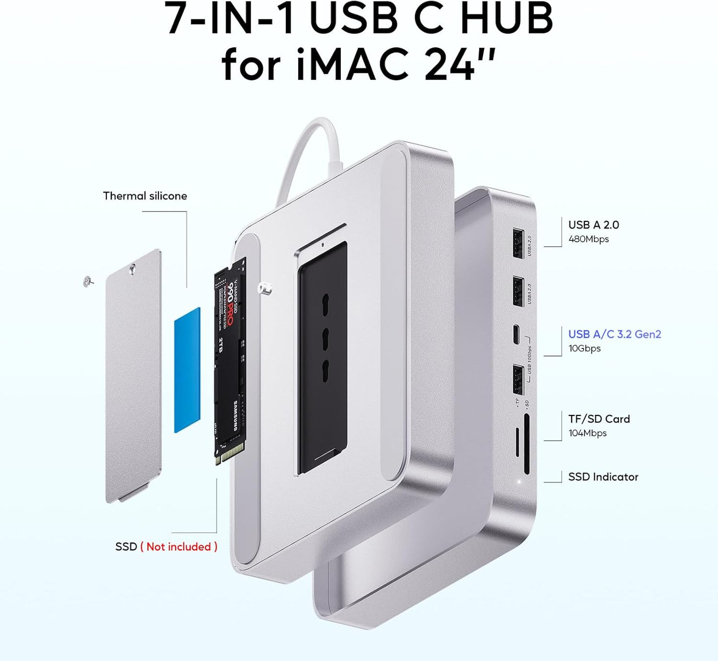 USB C HUB for iMac 24 inch 2021/2023/2024, PULWTOP USB Hub Adapter iMac Accessories for i-Mac M1/M3/M4 with USB C 10Gbps 3*USB A SD/TF, Docking Station Support Expand M.2 SSD (Not Included), Silver