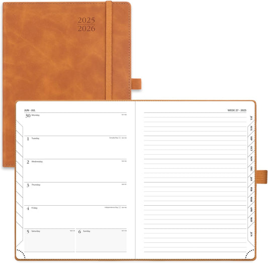 POPRUN Planner 2025-2026 Weekly Notebook (Medium 6.5''x 8.5'') Academic Calendar (JUL.25 - JUN.26) Appointment Book with Monthly Tabs, Leather Soft Cover, Inner Pocket, 100 GSM - Brown