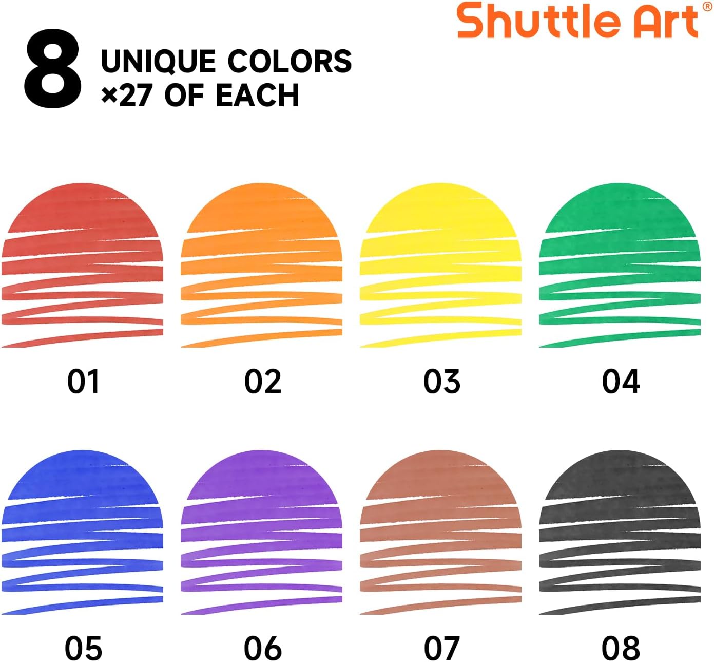Shuttle Art 216 Pack Washable Markers, 8 Assorted Colors Broad Line Conical Tip Large Markers Bulk with a Box, Bonus Caps, Home Classroom School Supplies for Toddlers Kids Adults Students Teachers…