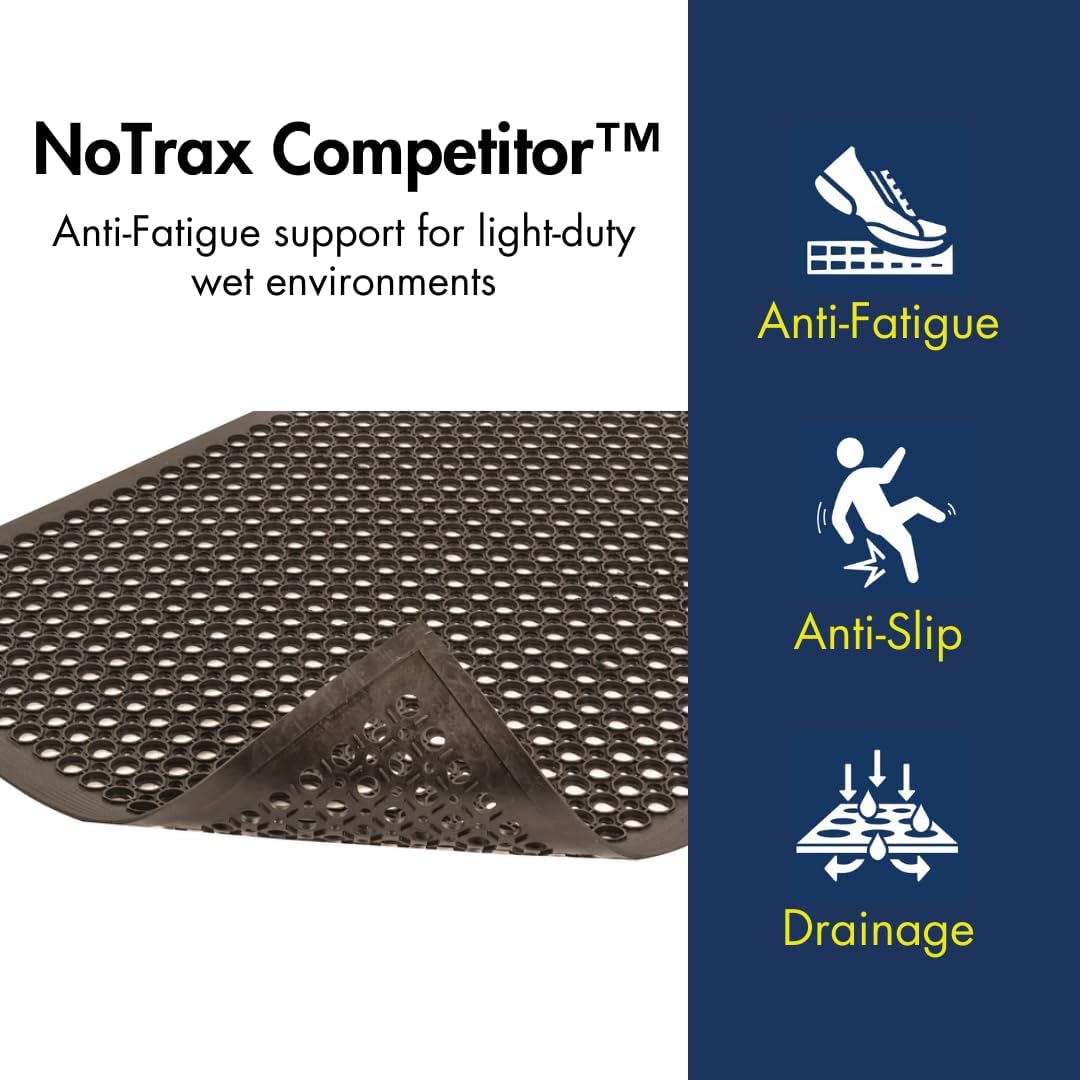 NoTrax 3' x 10' Anti-Fatigue Lightweight Restaurant Rubber Floor Mat with Drainage Holes, Beveled Edges, Non-Slip Mats, Black, T30 Competitor, T30S0310BL
