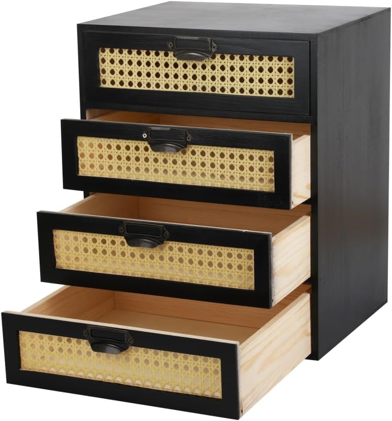 Large Wooden Drawer BoHo Desk Organizers Wooden Storage Dox with Drawers Rattan Paper Storage Drawer Wood File Organizer Library Card Catalog Cabinet Apothecary Cabinet (L-BLACK)