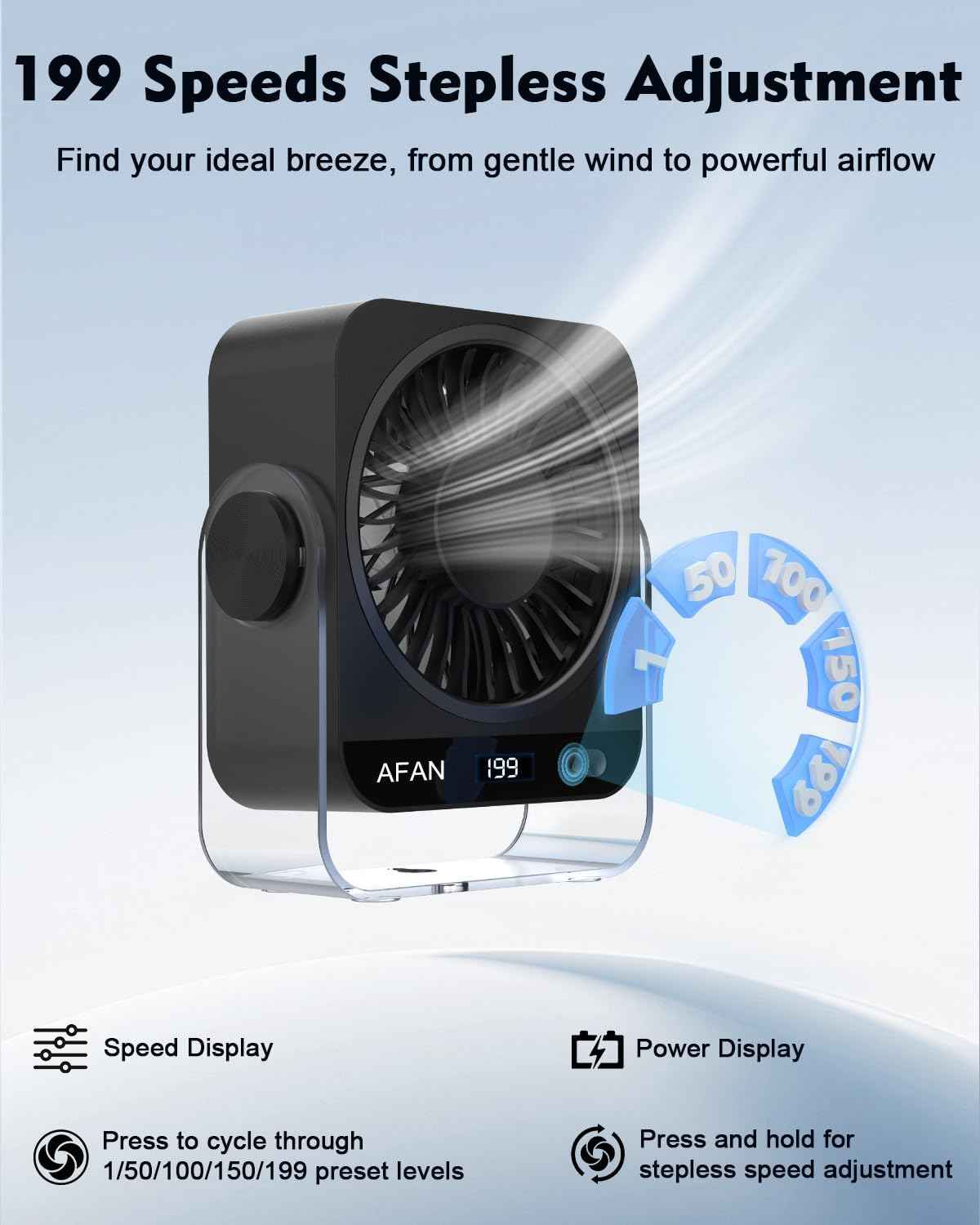 Small Desk Fan Quiet: Rechargeable 5000mAh Battery Powered, 199 Speeds Strong Wind, 120° Tilt Adjustable, 6.6" Portable Desktop Fan for Bedside Sleeping Camping Home Office Travel, Black