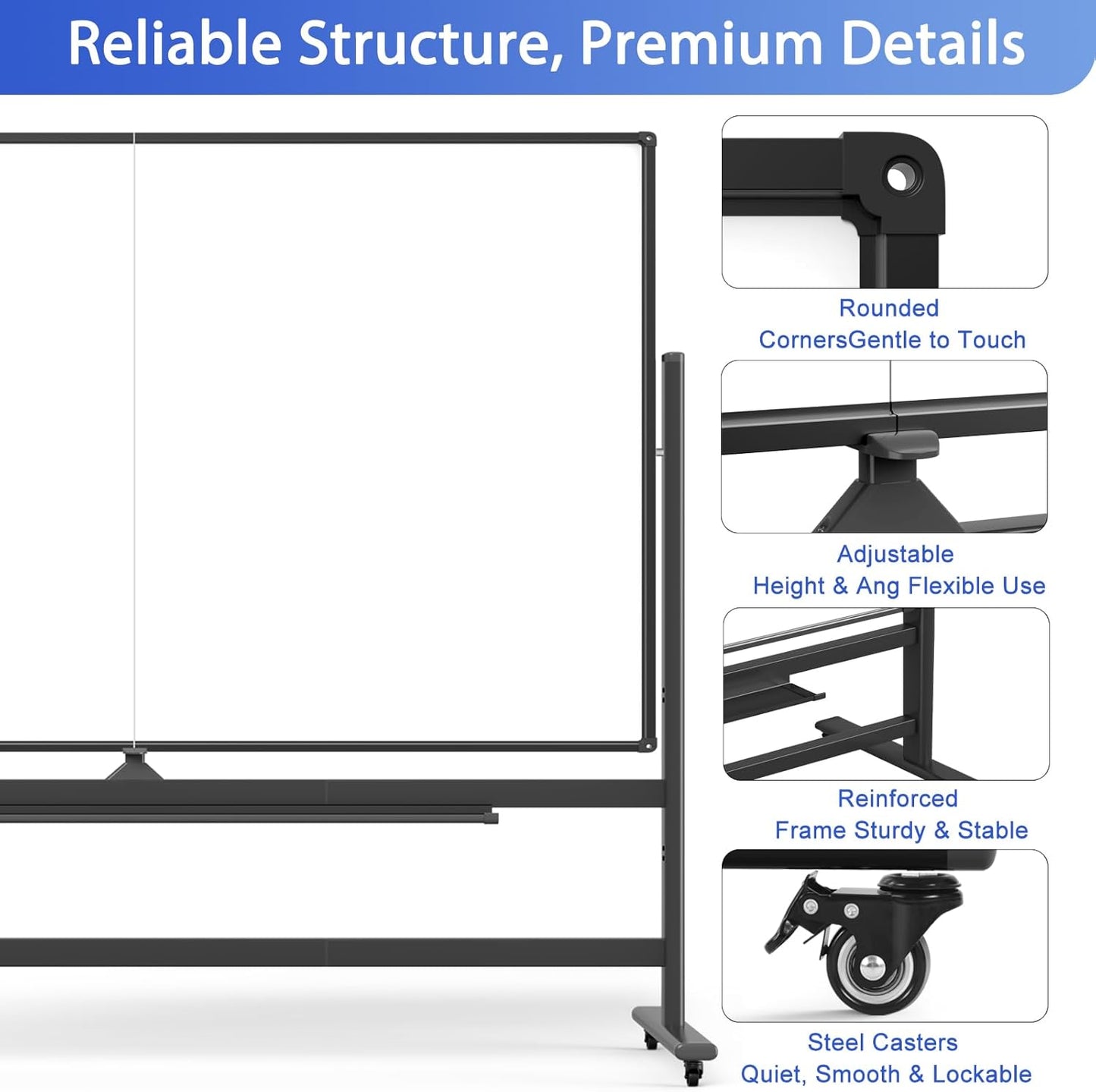 Large 72 x 48 Inch Magnetic Rolling Whiteboard, Double-Sided Dry Erase Board with Stand and Wheels, Mobile White Board for Home, Office, School (Black)