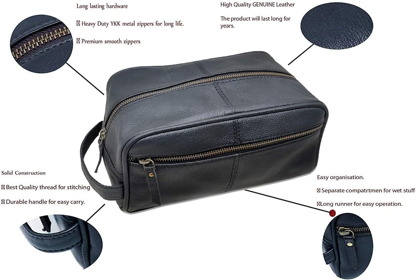 jaald Men's Large Genuine Black Luxury Leather Toiletry Bag Shower Kit Shaving And Grooming Bag For Travel Groomsmen Gift Men Women Hanging Zippered Makeup Bathroom Cosmetic Pouch Make Up Case