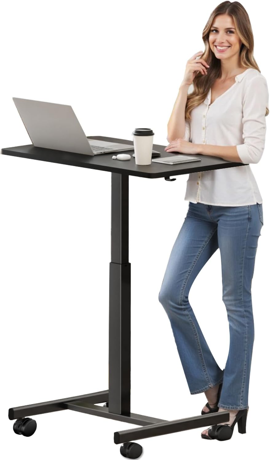 Mobile Small Standing Rolling Desk Adjustable Height, Portable Laptop Desk on Wheels, Workstation for Home Office with Hook, Black