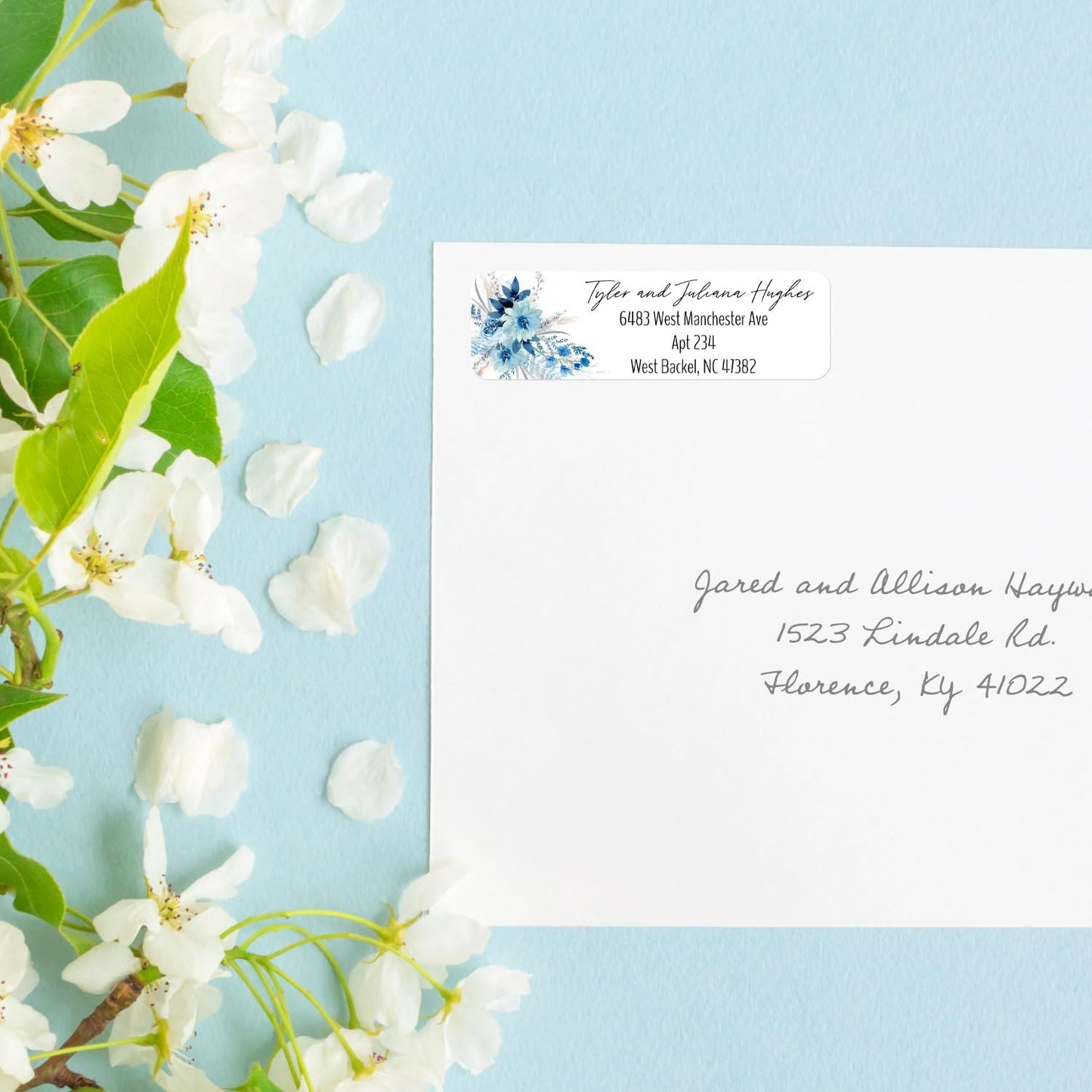 Blue Floral Rolled Address Labels / 500 Personalized Return Address Labels/Designer Address Stickers in Elegant Plastic Dispenser - Lumora Desk