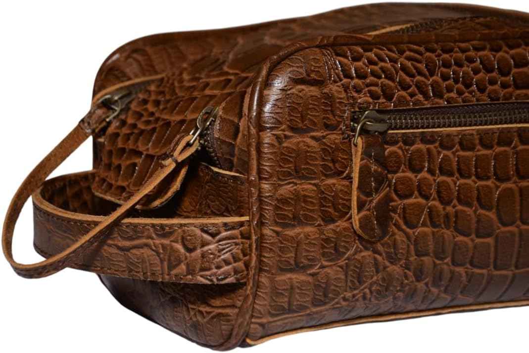 Premium Buffalo Leather Unisex Toiletry Bag Travel Kit (King Size) Shaving kit Accessories :Shaving Brush Case, Razor Protective Travel Case (Combo of 4 Items) (Crocodile Print)
