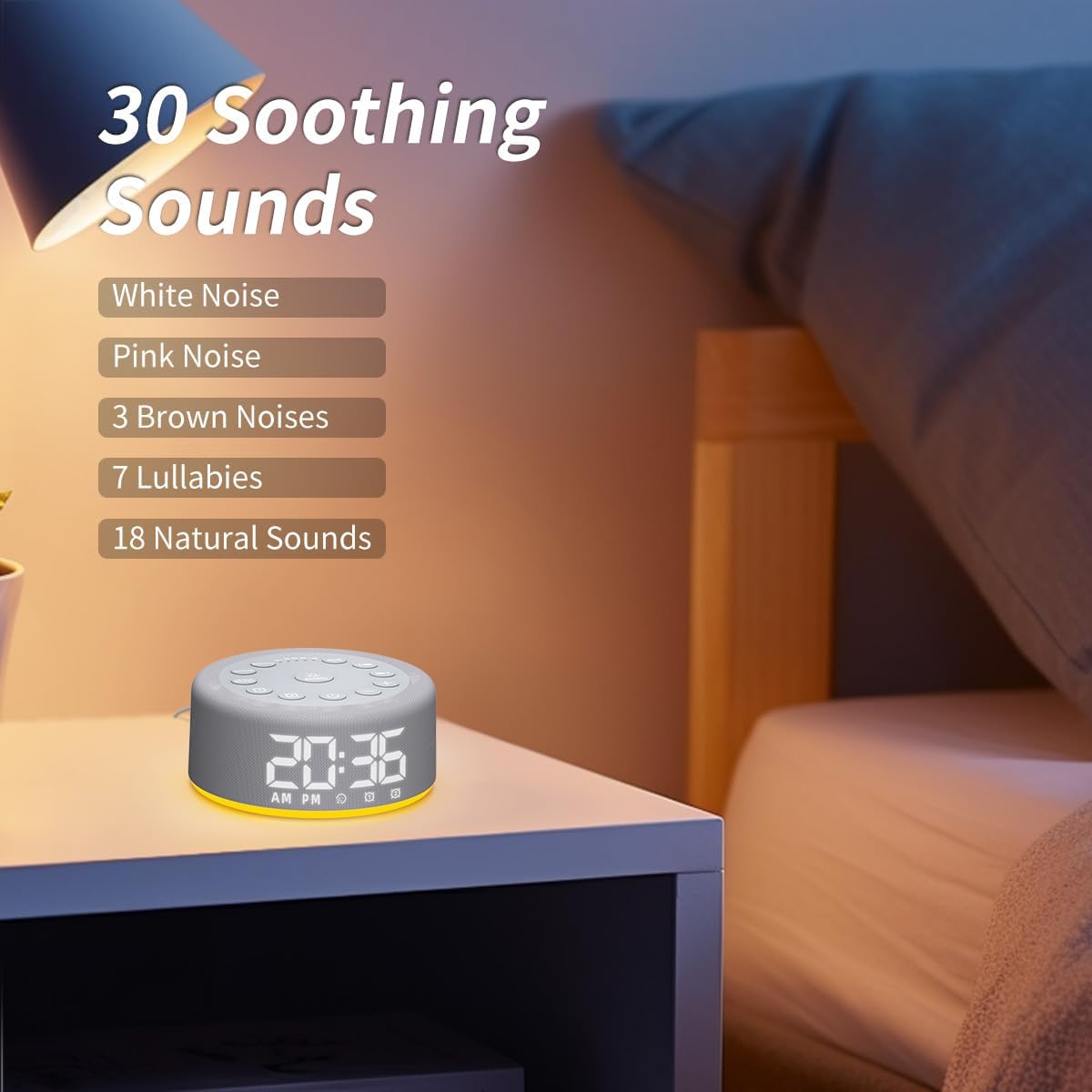White Noise Sound Machine Alarm Clock Brown Noise Machine Night Light with Dual Alarms Backup Battery 30 Sleeping Sounds for Baby Kids Adults 32 Level Volume 5 Timers 15 Wake Up Sounds Memory Function