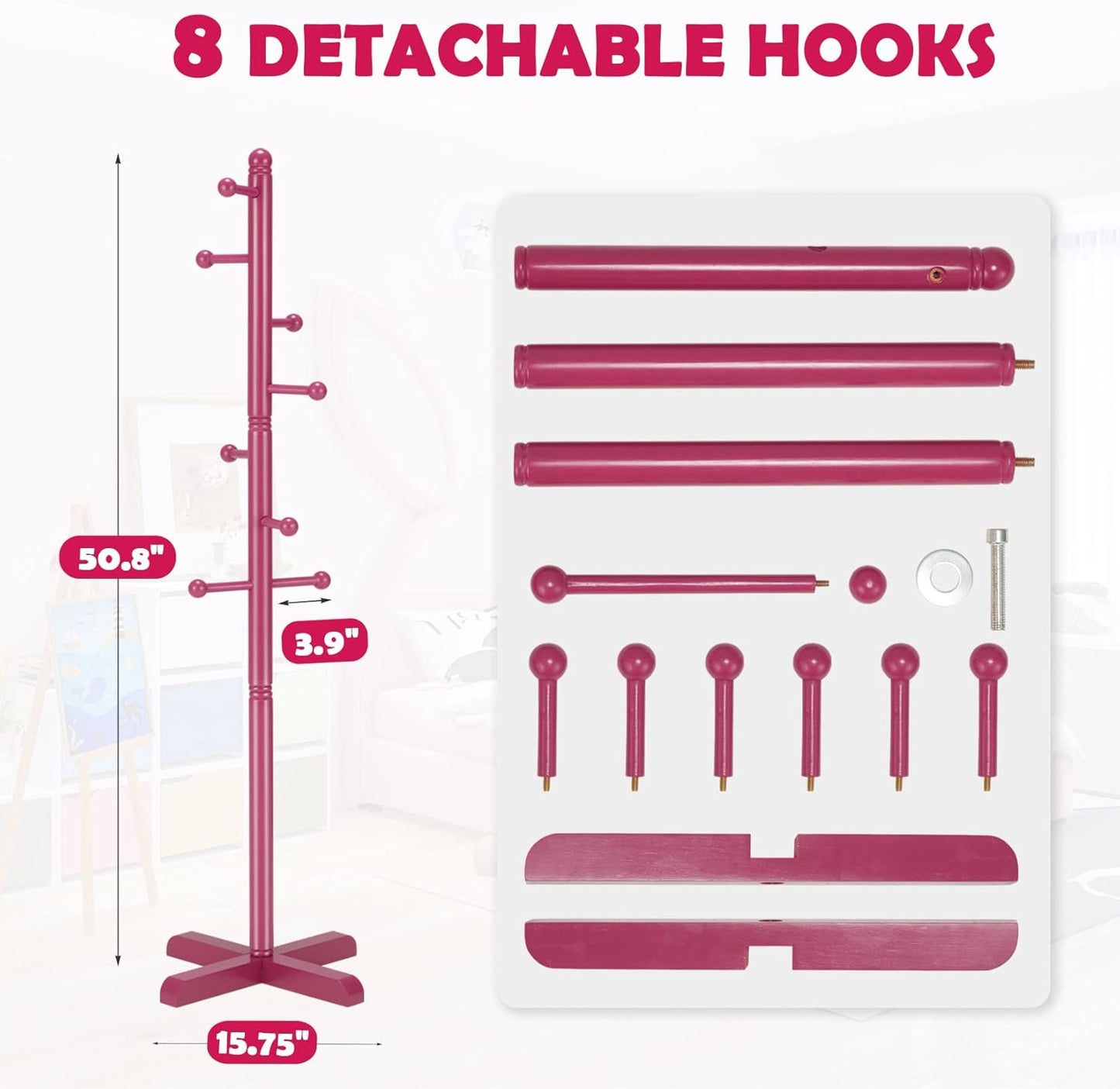Kids Coat Rack, Freestanding Coat Racks with 8 Hooks 2 Adjustable Height, Tree Coat Rack for Bedroom, Hallway, Entrance, Office, Hats, Handbags,Purse (Dark-Rose) - Lumora Desk
