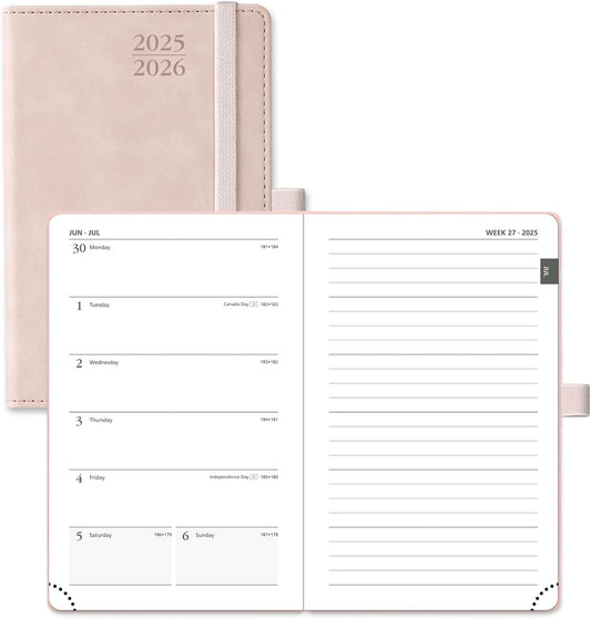 POPRUN Planner 2025-2026 Weekly Notebook for Purse(Pocket Size 4''x 6.25'') Small Academic Calendar (JUL.25 - JUN.26) with Monthly Tabs, Leather Soft Cover, Inner Pocket, 100 GSM - Pink