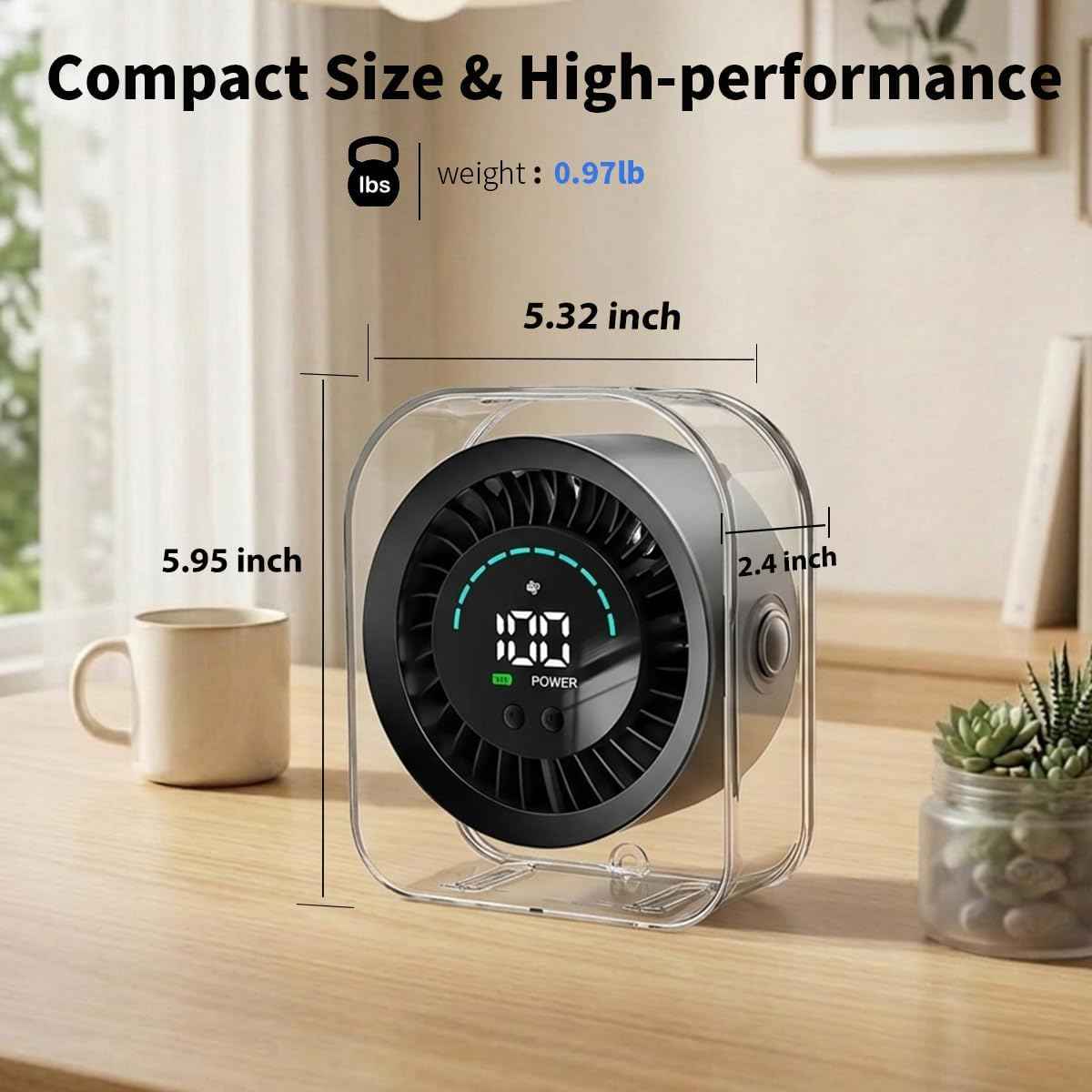Small Desk Fan, Quiet Desktop Fan with Turbo Airflow, Rechargeable Mini Table Fan 100 Speed Wind Adjustable, Travel Fan for Sleeping 360° Rotating, Portable battery operated fan for Office Home Travel