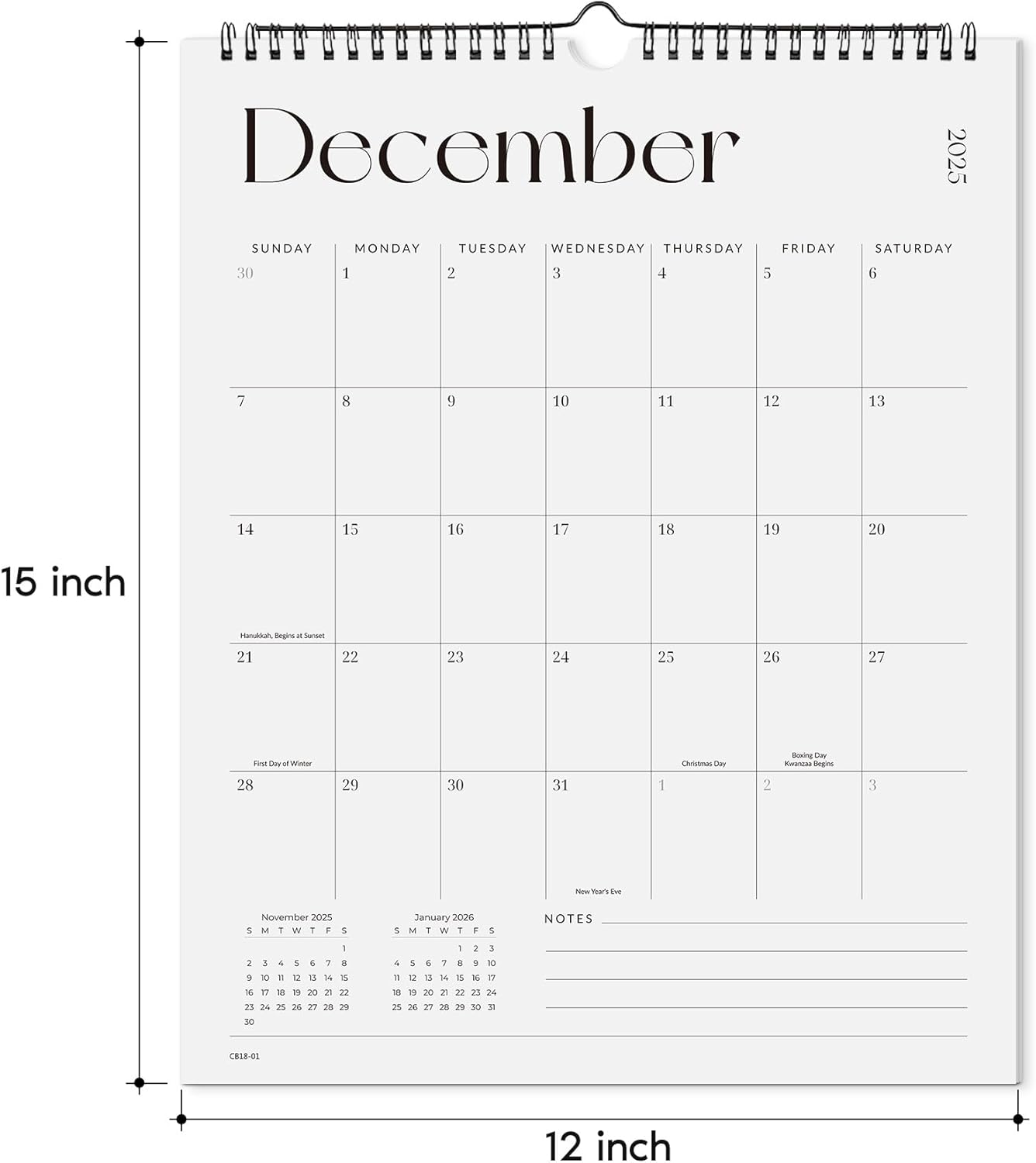 Cabbrix Wall Calendar 2025-2026, 18 Monthly Wall Calendar September 2025 to December 2026, 15" x 12", Twin-Wire Binding, Hanging Calendar for Home Office School, Simplified