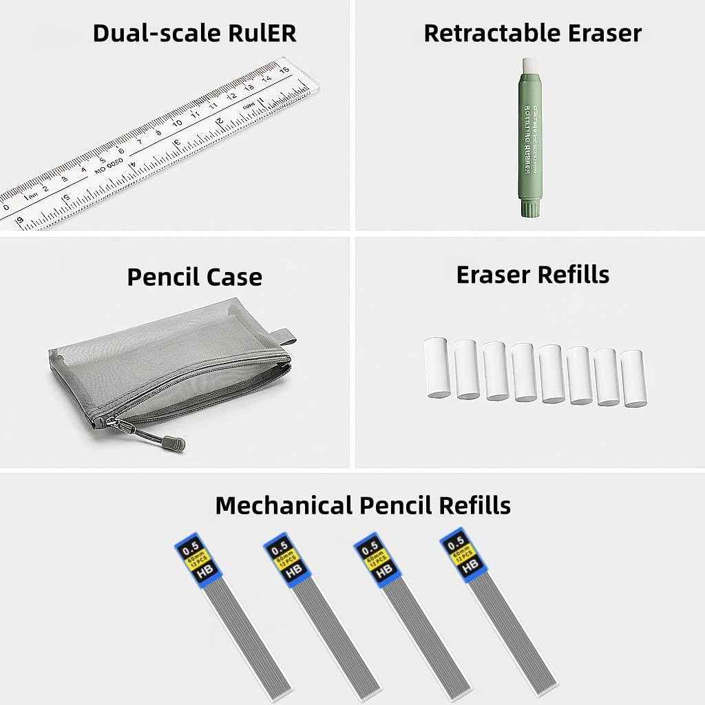 0.5mm Mechanical Pencil Set with Case: Cute Pencils Set Include Lead Eraser Refills, Ruler – Ideal for Students, Teachers, Writing, Drawing, School daily use (0.5mm)