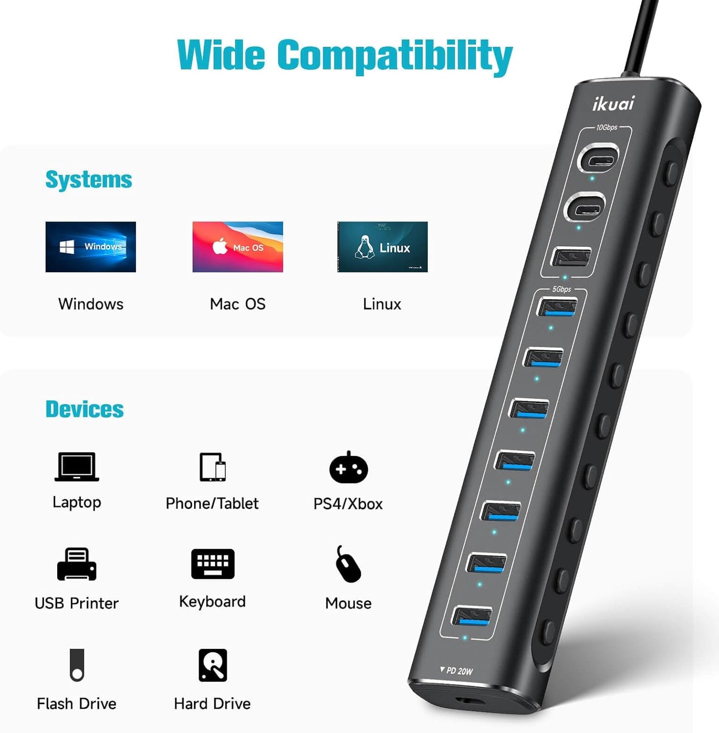 Powered USB Hub, 11-Port ikuai Hybrid USB 3.2/ USB C Hub with PD Charging Port and 60W Power Adapter, Aluminum USB Splitter Including 3 10Gbps Ports and 7 USB 3.0 Ports for PC, Laptop and More