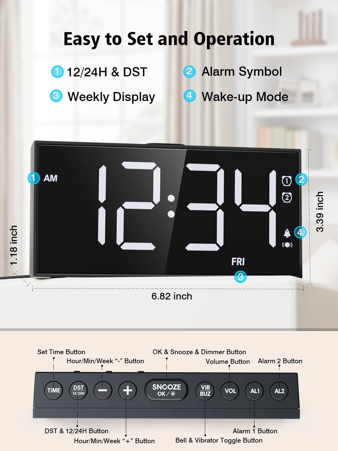PPLEE Loud Alarm Clock for Heavy Sleepers,Dual Vibrating Alarm Clock with 3-level Vibration for Hearing-impaired Deaf,Weekday/Everyday Mode,5 Dimmer,5 Volume,Large Numbers,USB Charger,Power-off Memory