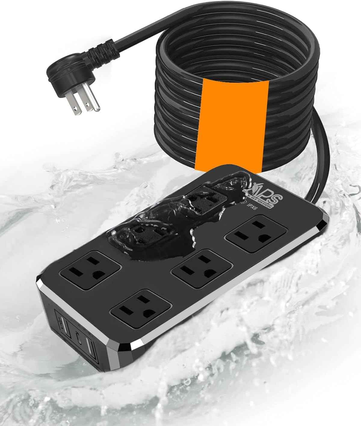 Outdoor Power Strip Weatherproof, Waterproof Surge Protector with 6 Wide Outlet with 3 USB Ports, 10FT Extension Cord,1875W Overload Protection,Outlet Extender for Christmas Lights ETL Listed Black