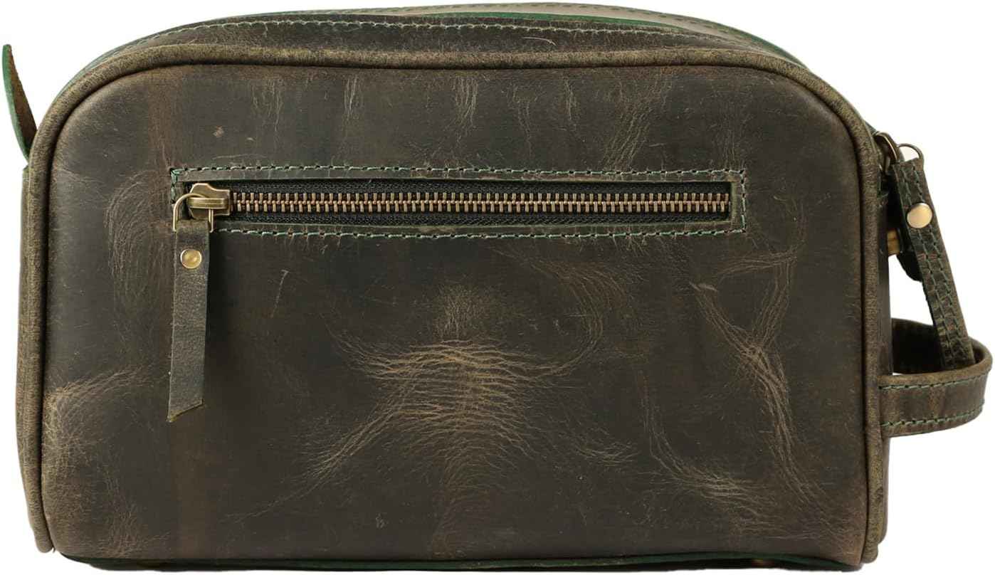 KomalC Leather Toiletry Bag for Men & Women – Handcrafted Travel Grooming Kit with Water-Resistant Lining and Secure Zipper Closure