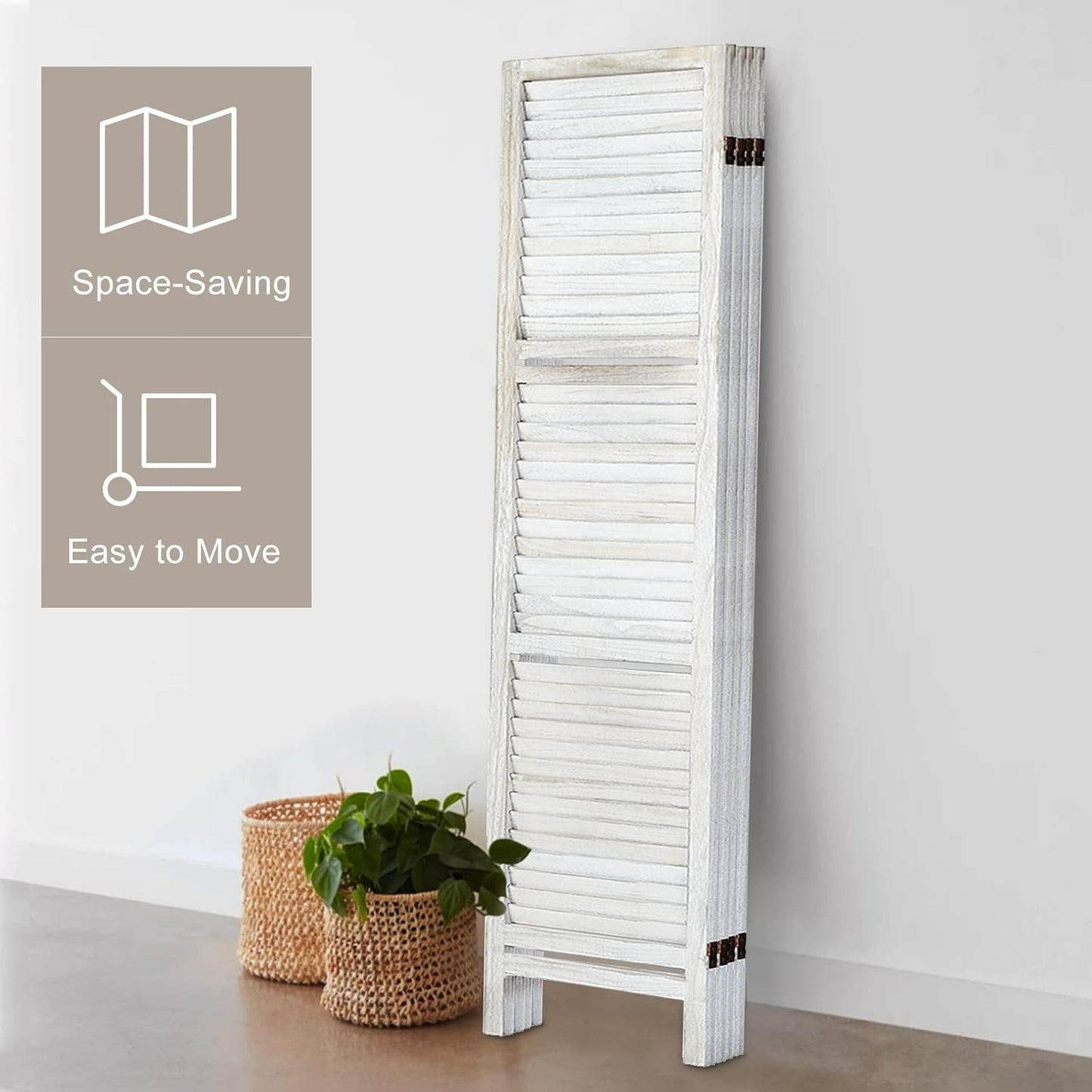 Room Divider with Shelves, Privacy Screen, Room Dividers and Folding Privacy Screens, 5 Panel Wood Temporary Wall Partition Separation Separator, Distressed White