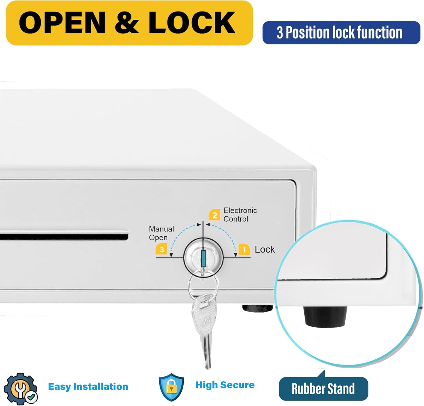 HK SYSTEMS 13inch Heavy Duty POS Cash Drawer with 4Bill/5Coin, Removable Coin Compartment, 24V, RJ11, Single Large Media Slot, White