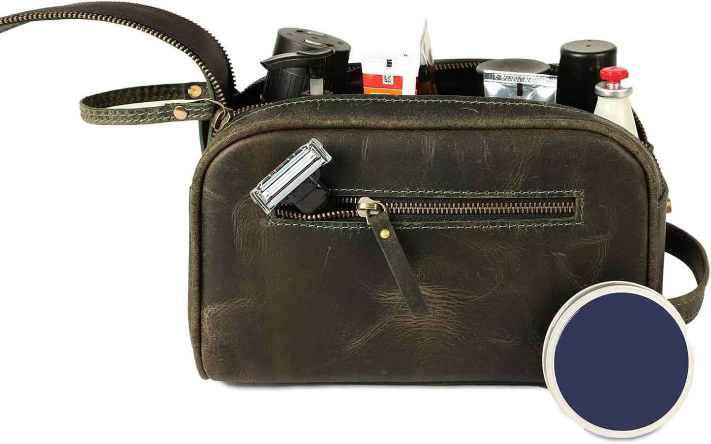KomalC Leather Toiletry Bag for Men & Women – Handcrafted Travel Grooming Kit with Water-Resistant Lining and Secure Zipper Closure