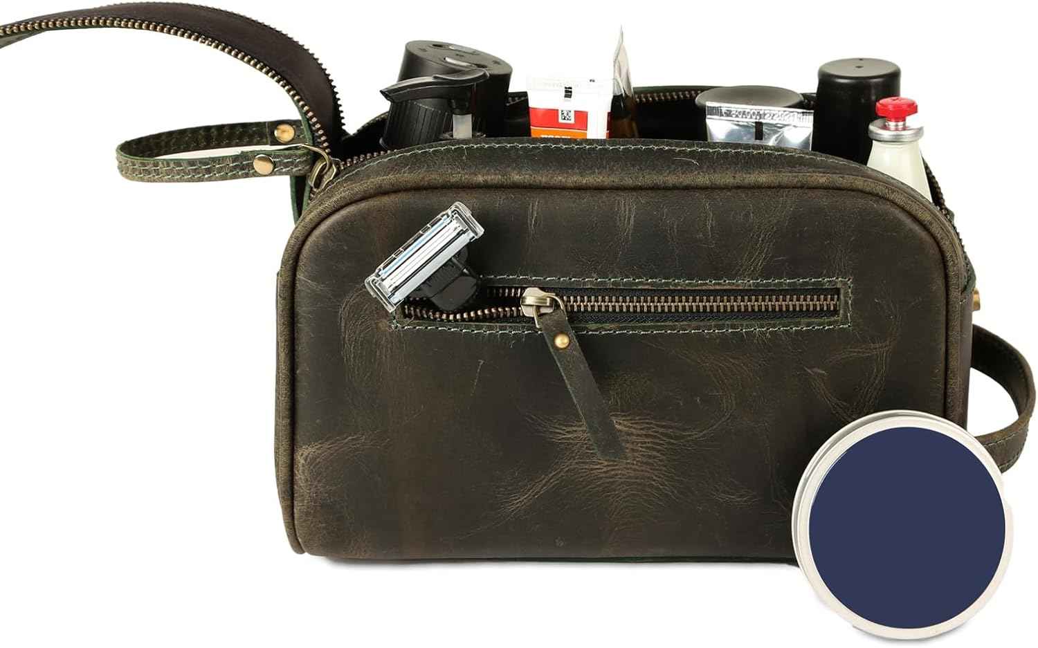 KomalC Leather Toiletry Bag for Men & Women – Handcrafted Travel Grooming Kit with Water-Resistant Lining and Secure Zipper Closure