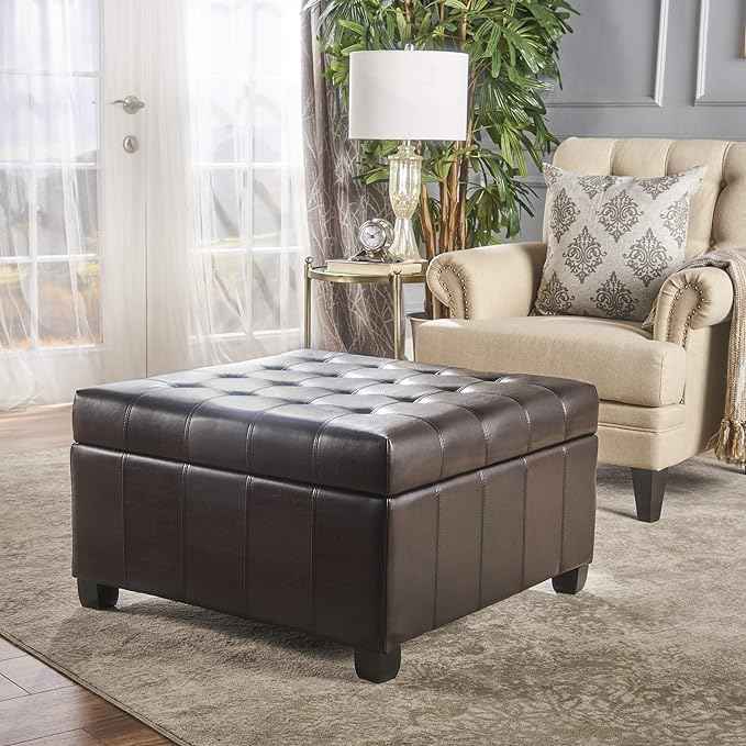 Large Square Storage Ottoman Upholstered Button Tufted Coffee Table with Solid Wood Legs, 30" PU Leather Foot Stool Oversized Ottoman Foot Rest for Sofa Couch Living Room Bedroom, Brown