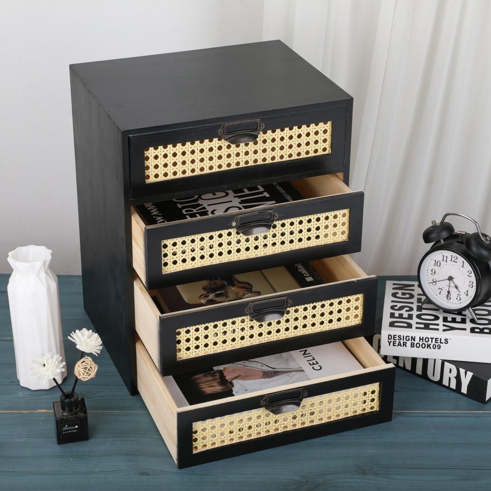 Large Wooden Drawer BoHo Desk Organizers Wooden Storage Dox with Drawers Rattan Paper Storage Drawer Wood File Organizer Library Card Catalog Cabinet Apothecary Cabinet (L-BLACK)