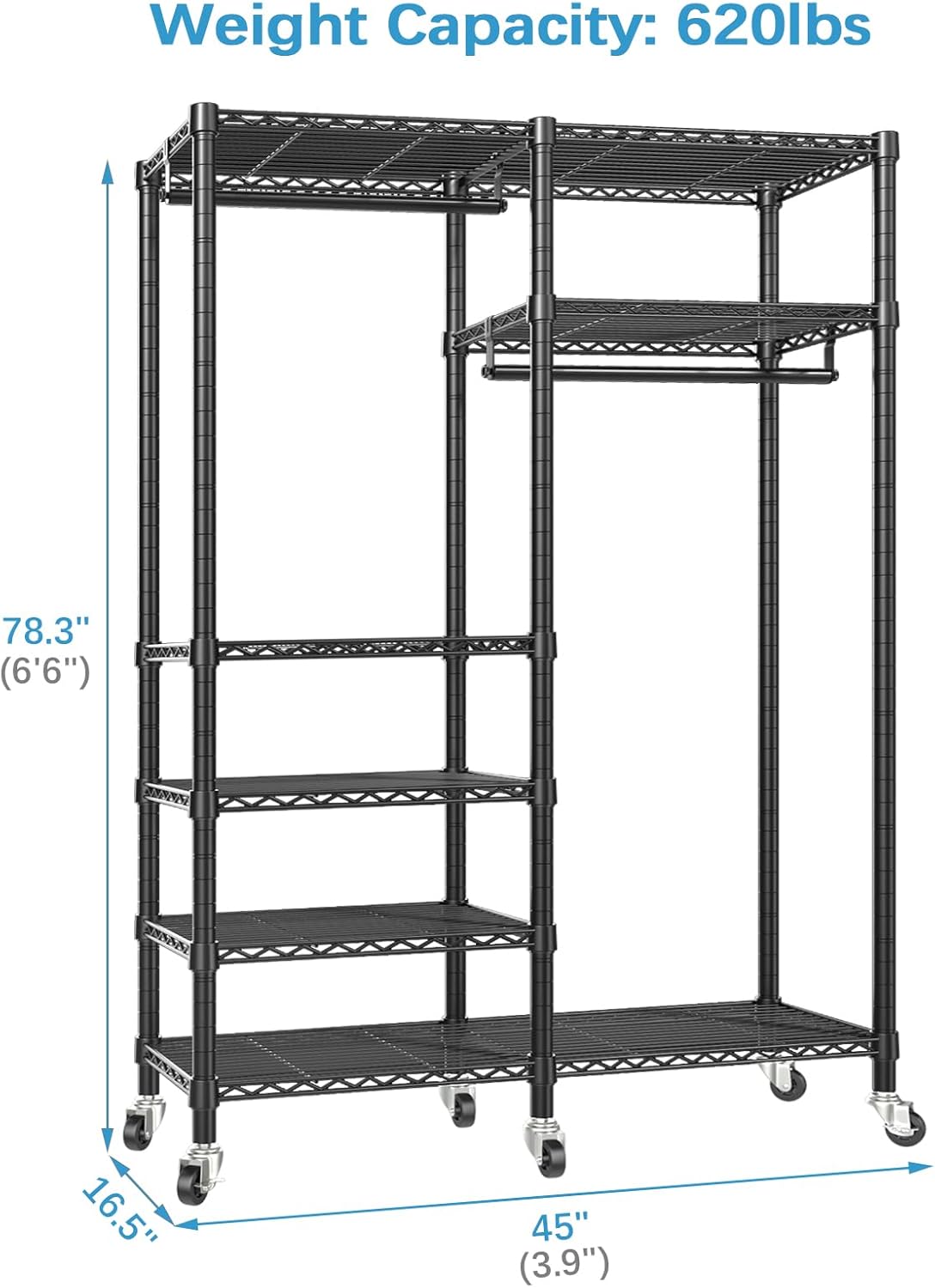 VIPEK R4 Garment Racks Heavy Duty Clothes Rack -620lb Capacity Metal Frame, Rolling Lockable Wheels & 6 Tiers Adjustable Height Shelves & Hanger Rods, Sturdy Wardrobe Closet for Home Storage, Black - Lumora Desk