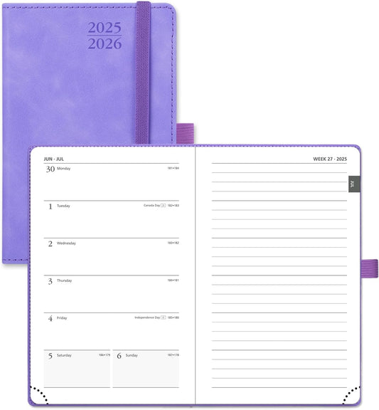 POPRUN Planner 2025-2026 Weekly Notebook for Purse(Pocket Size 4''x 6.25'') Small Academic Calendar (JUL.25 - JUN.26) with Monthly Tabs, Leather Soft Cover, Inner Pocket, 100 GSM - Lilac