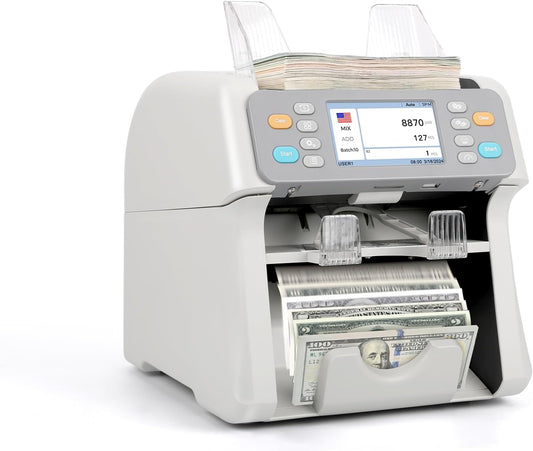RIBAO MC-165 Two-Pocket Mixed Denomination Money Counter Machine, Value Counting, White Bill Counter Multi Currency, CIS/UV/MG/IR Counterfeit Detection for Business