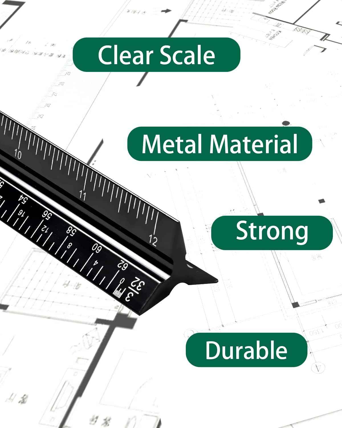 Architectural Scale Ruler 3 Pack Aluminum Triangular Ruler 12 Inch Imperial Metal Scale Ruler for Blueprint Drafting Ruler for Architect, Civil Engineer, Draftsman
