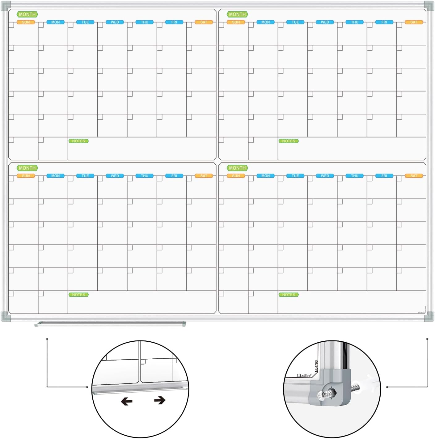 JILoffice Magnetic Dry Erase Calendar Whiteboard, 4 Month White Board Planner 48 X 36 Inch, Silver Aluminum Frame Wall Mounted Board for Office Home and School - Lumora Desk