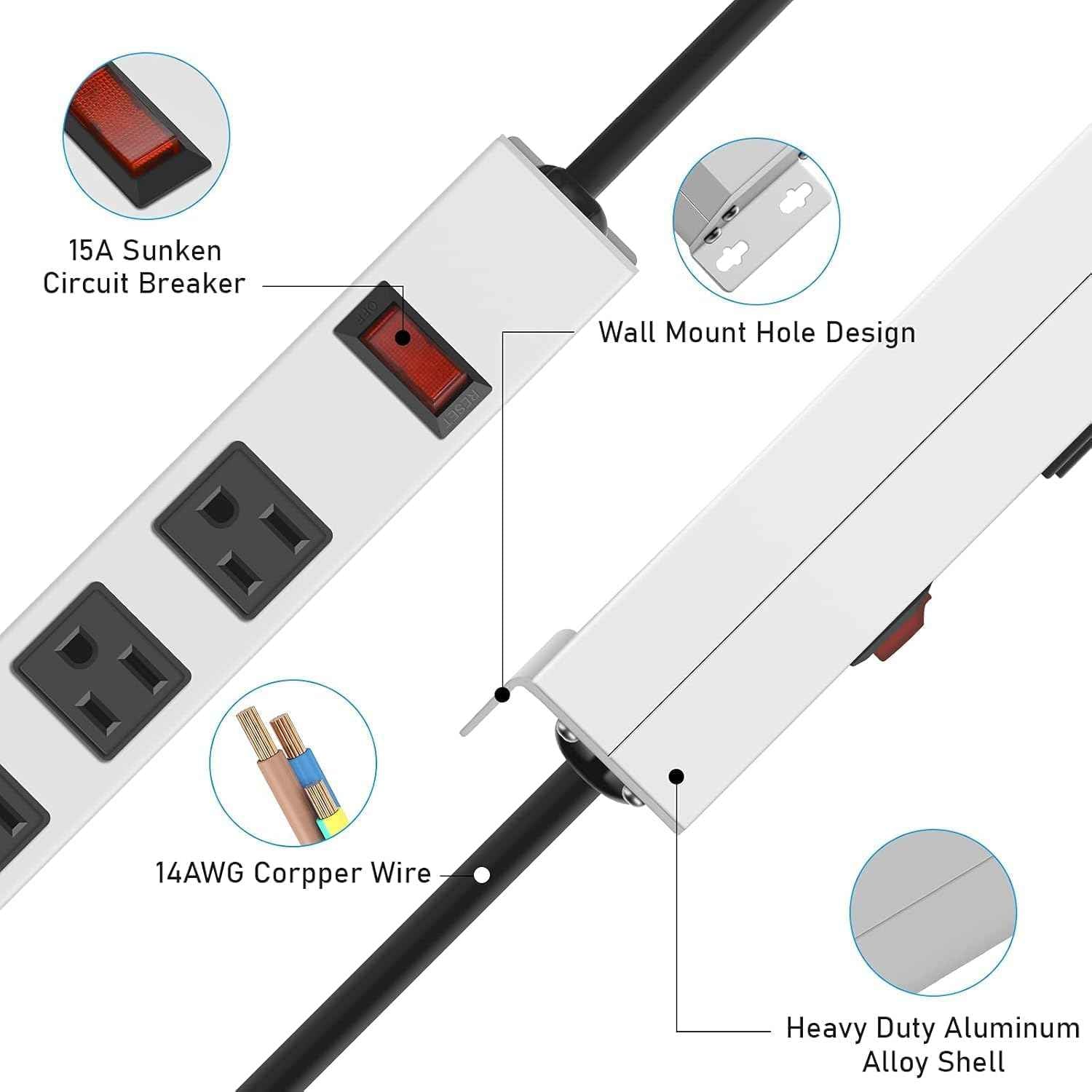 JUNNUJ Metal 12 Outlet Power Strip, Mountable Heavy Duty Power Strip, 1200J Surge Protector Wall Mount Screws Outlet with Switch, Gaming Desk Strips Wide Spaced 15A 125V 1875W, 3 FT 14AWG Power Cord