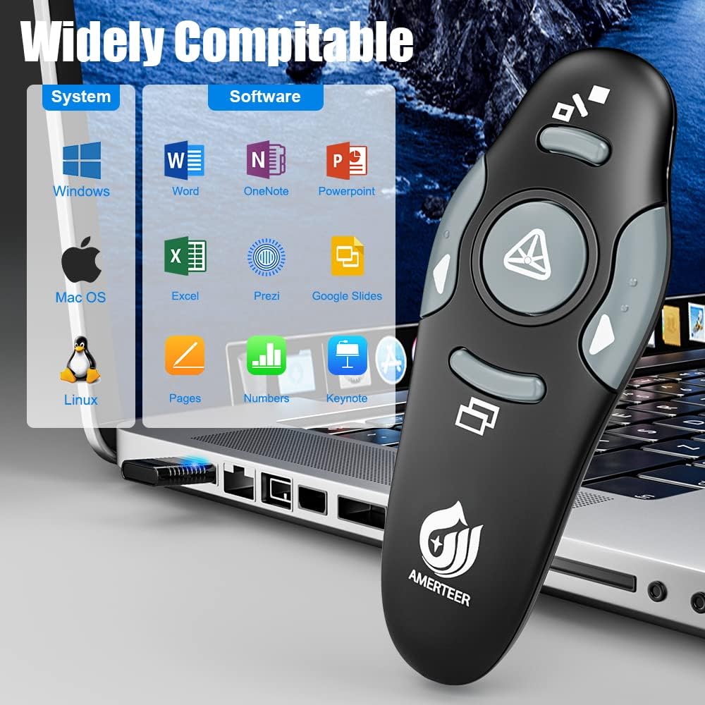 AMERTEER Presentation Clicker Wireless Presenter Remote Clicker for PowerPoint Presentations with Red Pointer, PowerPoint Clicker Slide Advancer for Mac/Windows/Google Slide/PPT.
