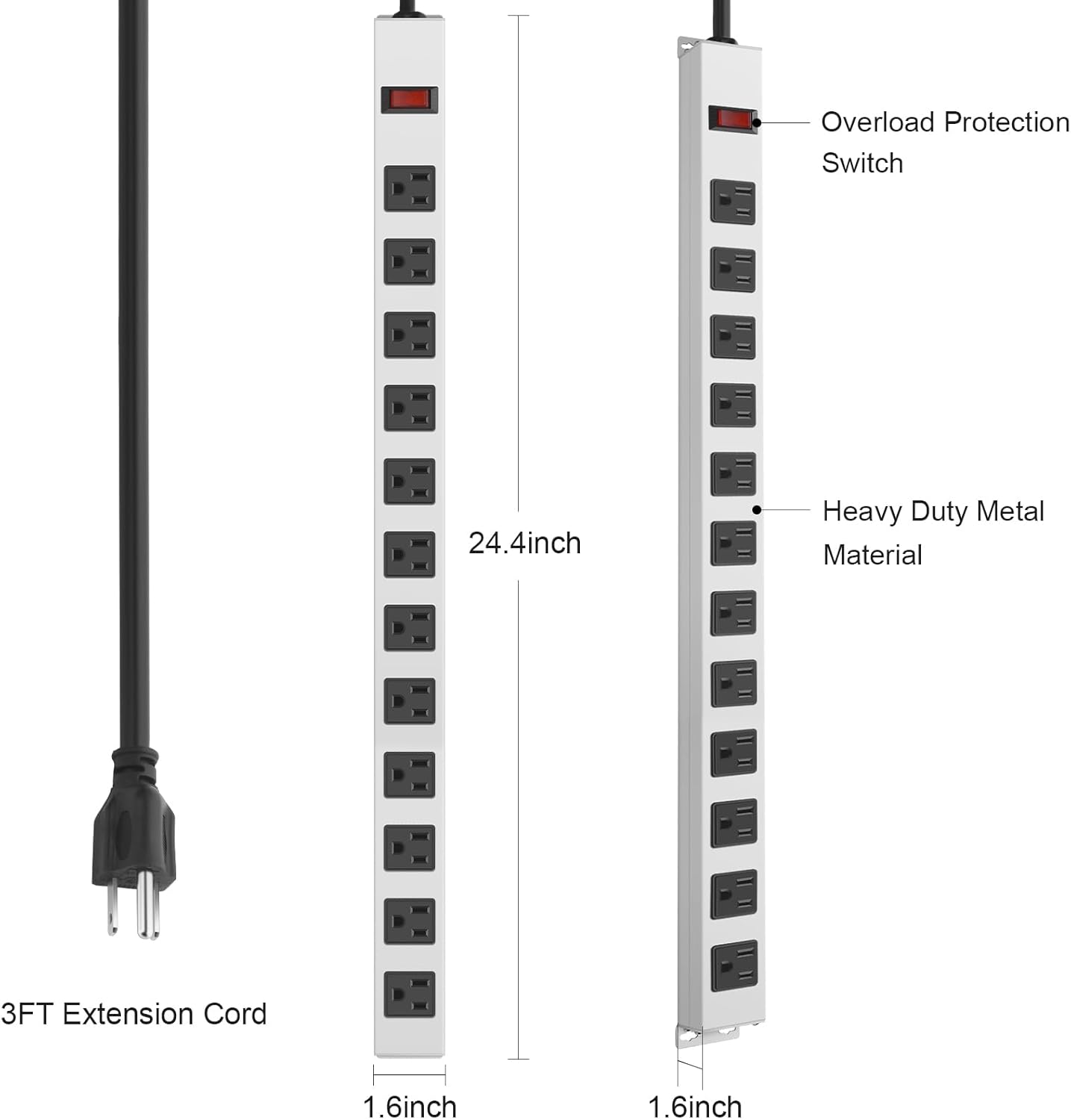 JUNNUJ Metal 12 Outlet Power Strip, Mountable Heavy Duty Power Strip, 1200J Surge Protector Wall Mount Screws Outlet with Switch, Gaming Desk Strips Wide Spaced 15A 125V 1875W, 3 FT 14AWG Power Cord