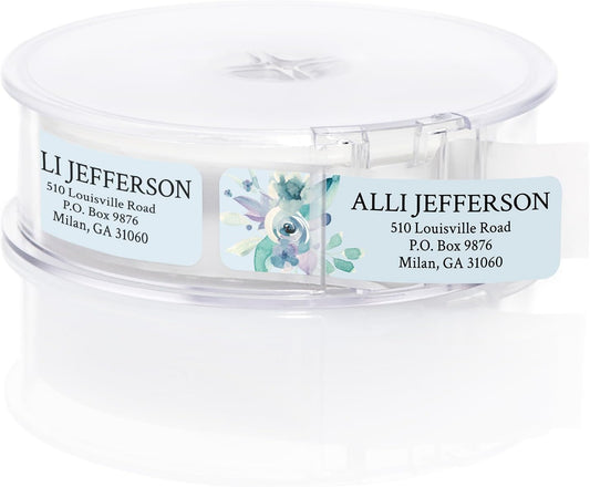 Blue Watercolor Floral Rolled Address Labels / 250 Personalized Return Address Labels/Designer Address Stickers in Elegant Plastic Dispenser - Lumora Desk