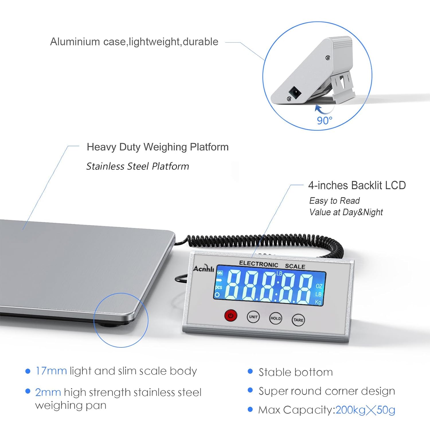 Digital Shipping Scales 440 pounds, Stainless Steel Heavy Duty Postal Scale for Warehouses, Homes, Offices, and Courier Companies, Including Product Manuals and adapters - Lumora Desk