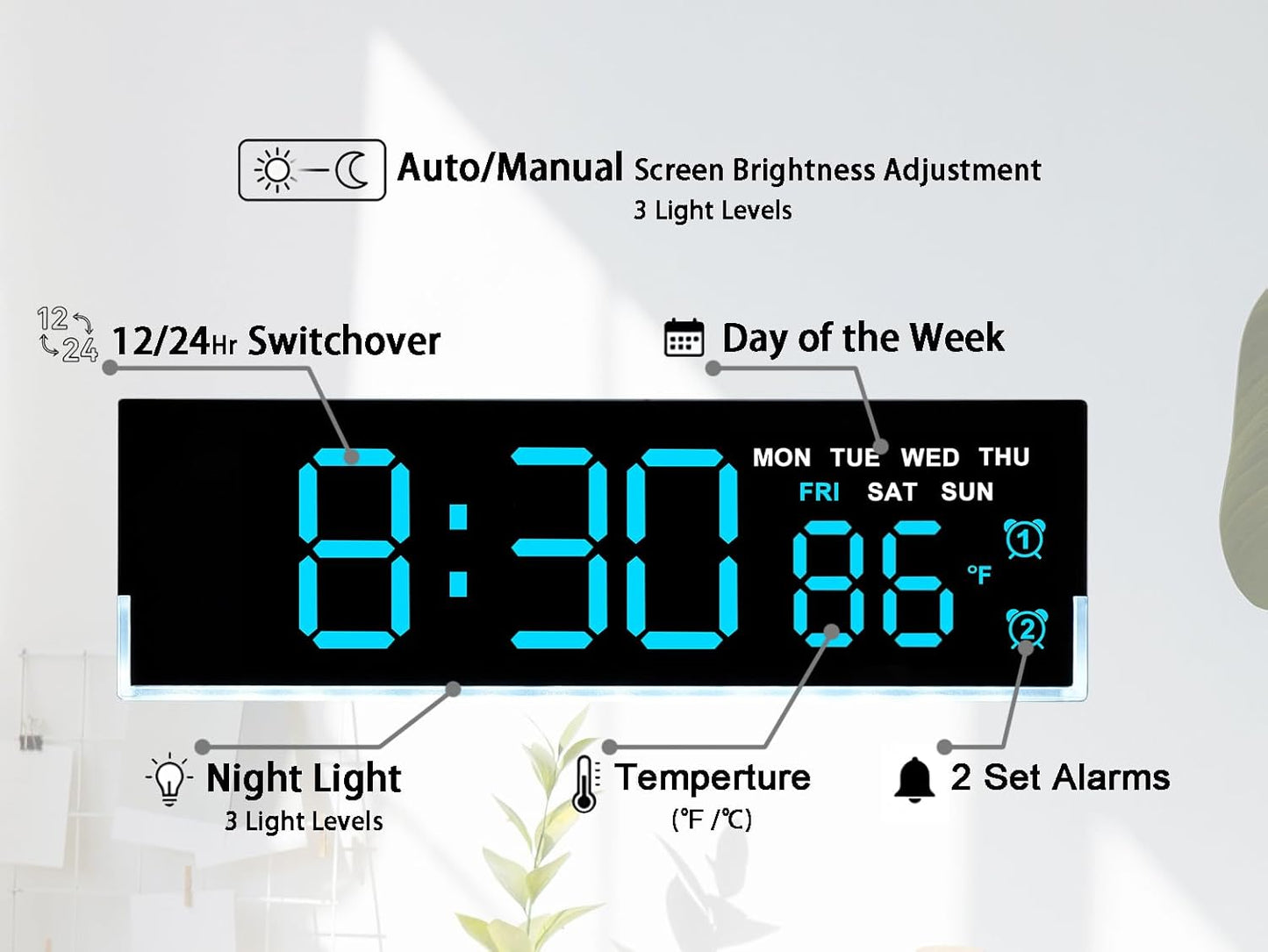 JENLYSTIME 7 Inch LED Digital Alarm Clock with Dual Alarms & Bottom Glow｜Displays Time, Date, Day, Temperature｜3-Level Auto/Manual Brightness, DST, USB or Battery Powered Modern Desk Clock (Blue)