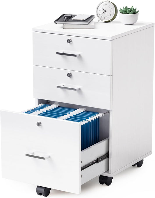 VINGLI 3-Drawer File Cabinet with Lock, Wood Rolling Filing Cabinets for Home Office, Mobile Printer Stand, Under Desk File Organizer for Letter Sized Files, 26" H(Caster Included), White