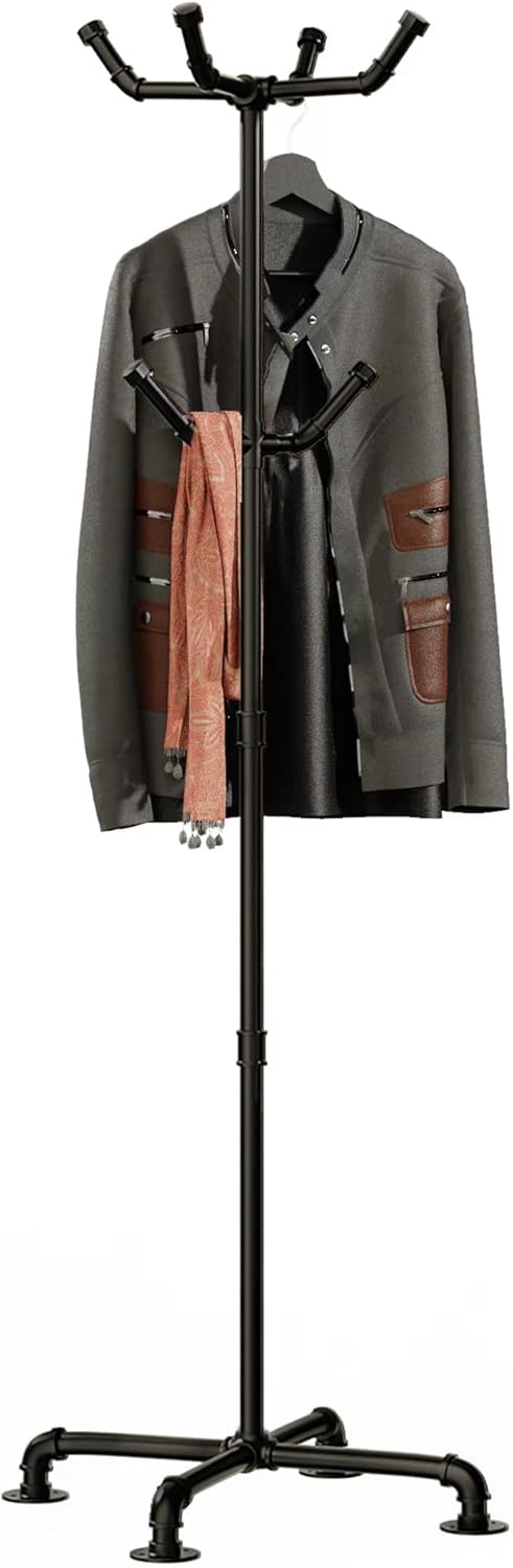 Industrial Coat Rack,Metal Pipe Coat Rack Stand Freestanding with 6 Hooks,Heavy Duty Coat Tree Sturdy Coat Racks for Entryway, Hallway, Bedroom (Black) - Lumora Desk