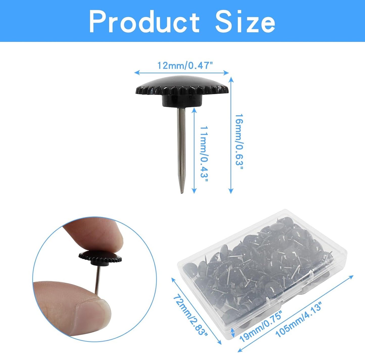 Piutouyar 100 Pcs Black Push Pins, Plastic Thumb Tacks for Wall Hanging, Flat Head and Steel Point Push Pins Wall Tacks Thumbtacks for Furniture Cork Board DIY Projects or Home Decor