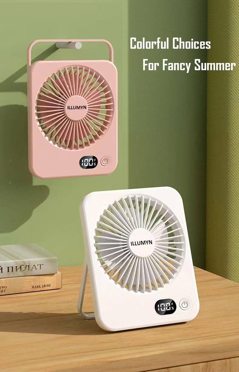 Desk Fan Rechargeable, Portable Battery Desk Fan for Office Bedroom Bedside, Ultra Silent USB Fan with Strong Airflow, Tilt Folding Fan for Travel, 5-Speed with 2600mAh Battery & LCD Display